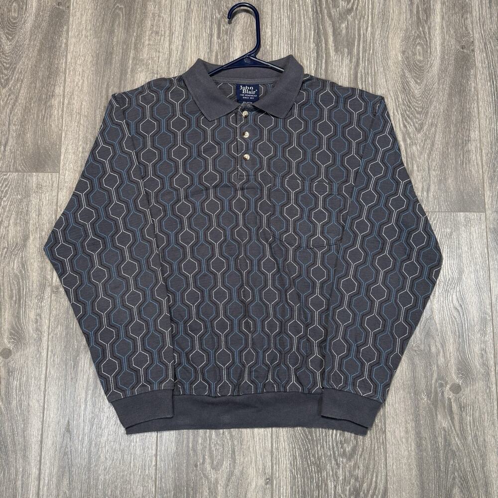 Vintage 90s Geometric Polo Shirt Mens Medium Blue John Blair Long Sleeve Pattern
